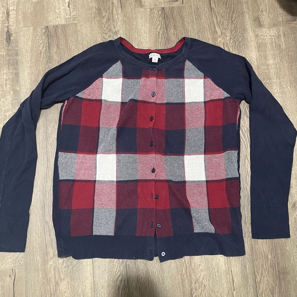 2010s navy blue plaid cotton cardigan 
with red and white details